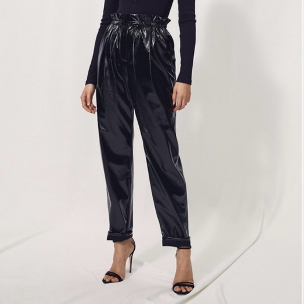 Aritzia Wilfred Black Jive Pants Paperbag Faux Leather Vegan Shiny‎ Size Medium